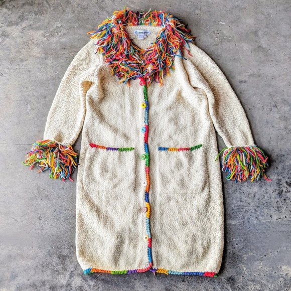 Vintage Sweaters - Vintage Amano Colorful Fringe Trim Ivory Wool Knit Duster Cardigan size M/L